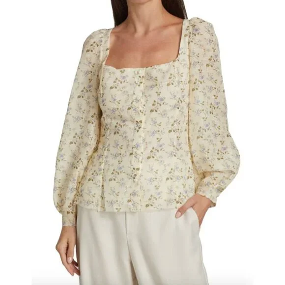 $890 Brock Collection Thelma Linen Cotton Floral Cottage Core Puff Sleeve Blouse - Picture 3 of 17